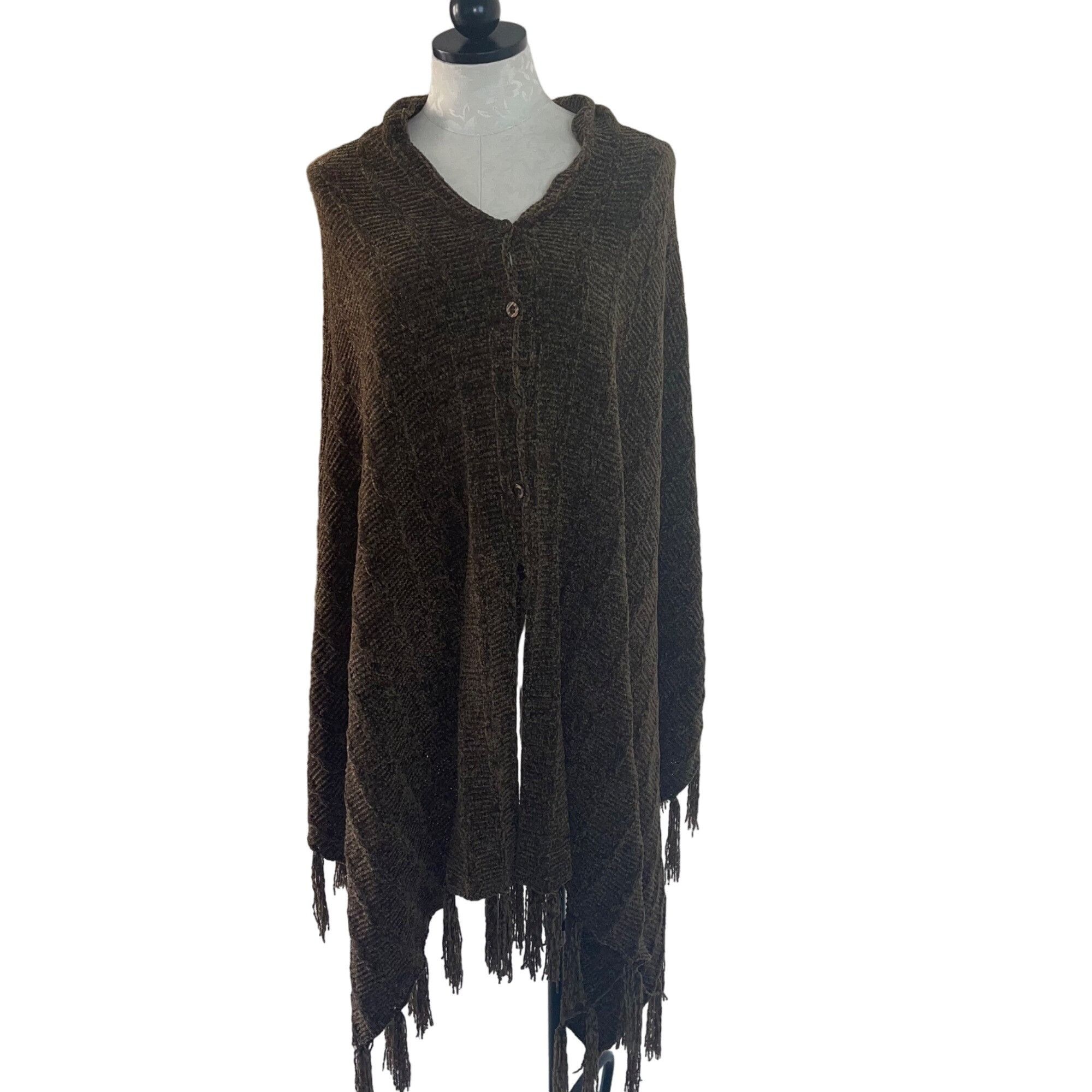 Other Womens Poncho One Size Brown Button Front Fringe Size ONE SIZE - 1 Thumbnail