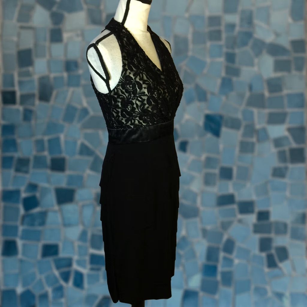 Evan Picone Evan Picone Sheath Dress Sz 4 Womans Black Lace Knit Layered Tiered Halter Neck Dress