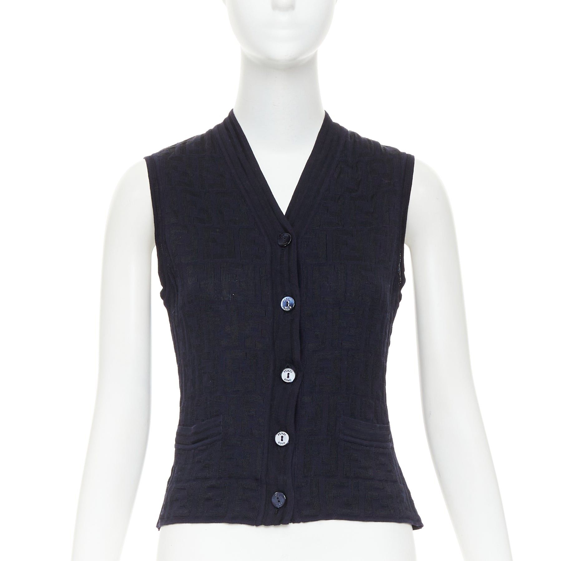 Fendi FENDI 1990s Maglia Vintage black navy FF Zucca monogram shell button knit vest top IT40 S Size S / US 4 / IT 40 - 1 Thumbnail
