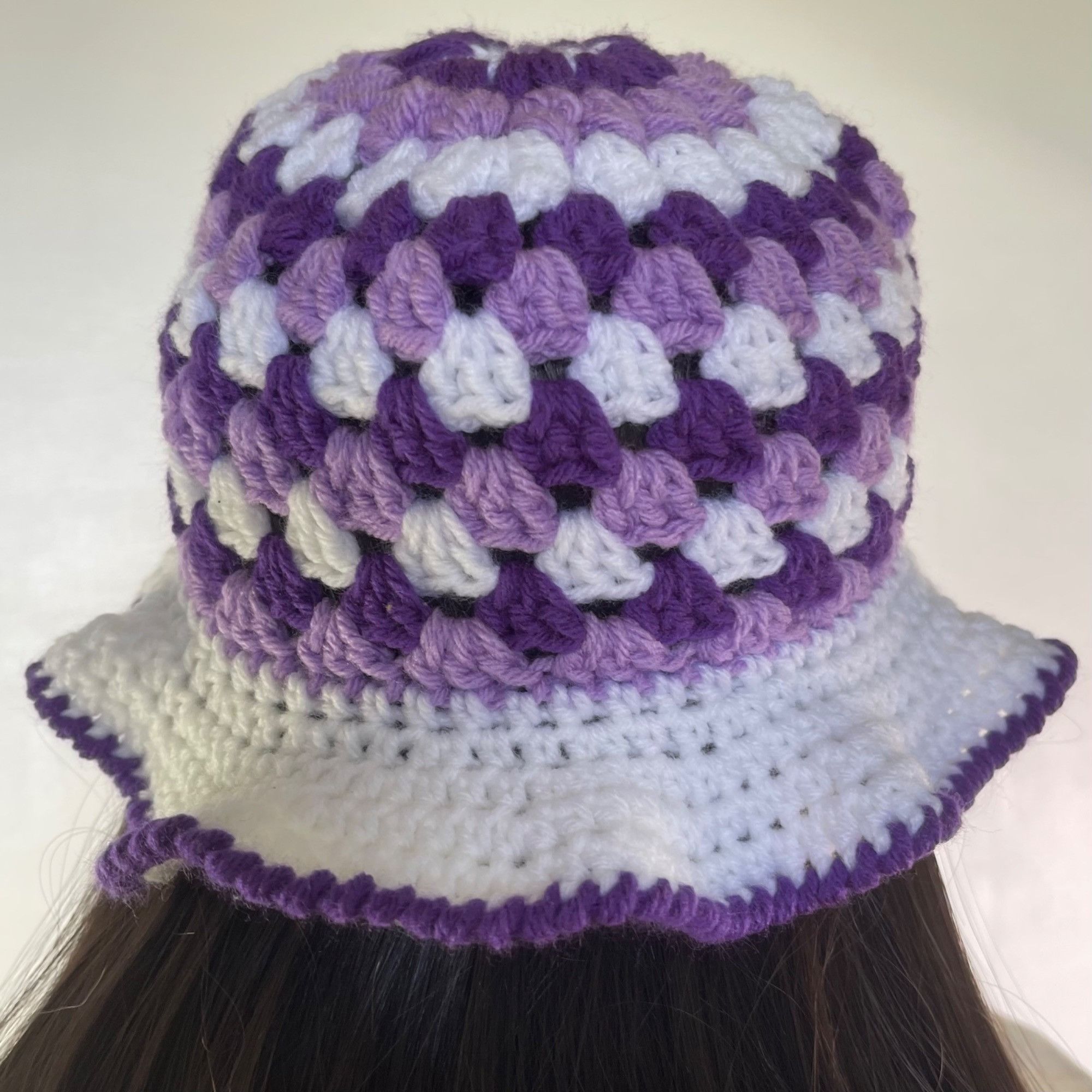 Handmade Crochet Bucket Hat Granny Square Pattern Purple and White Ad Size ONE SIZE - 4 Thumbnail