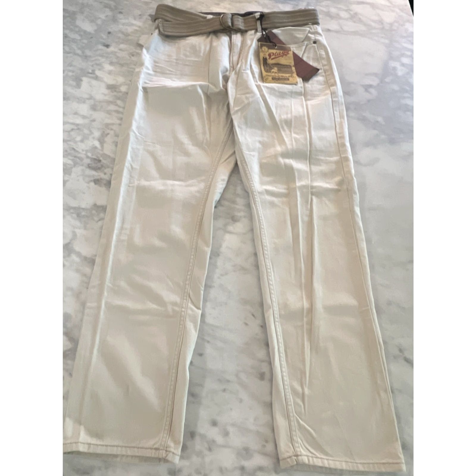 Vintage Plugg Pants Men’s 34/32 Stone Belted Straight Leg Cotton New Tags Khakis, Flat Front, Zip Button, Beige, Regular Rise, Inseam 32, Size 34, Men Size US 34 / EU 50 - 3 Thumbnail