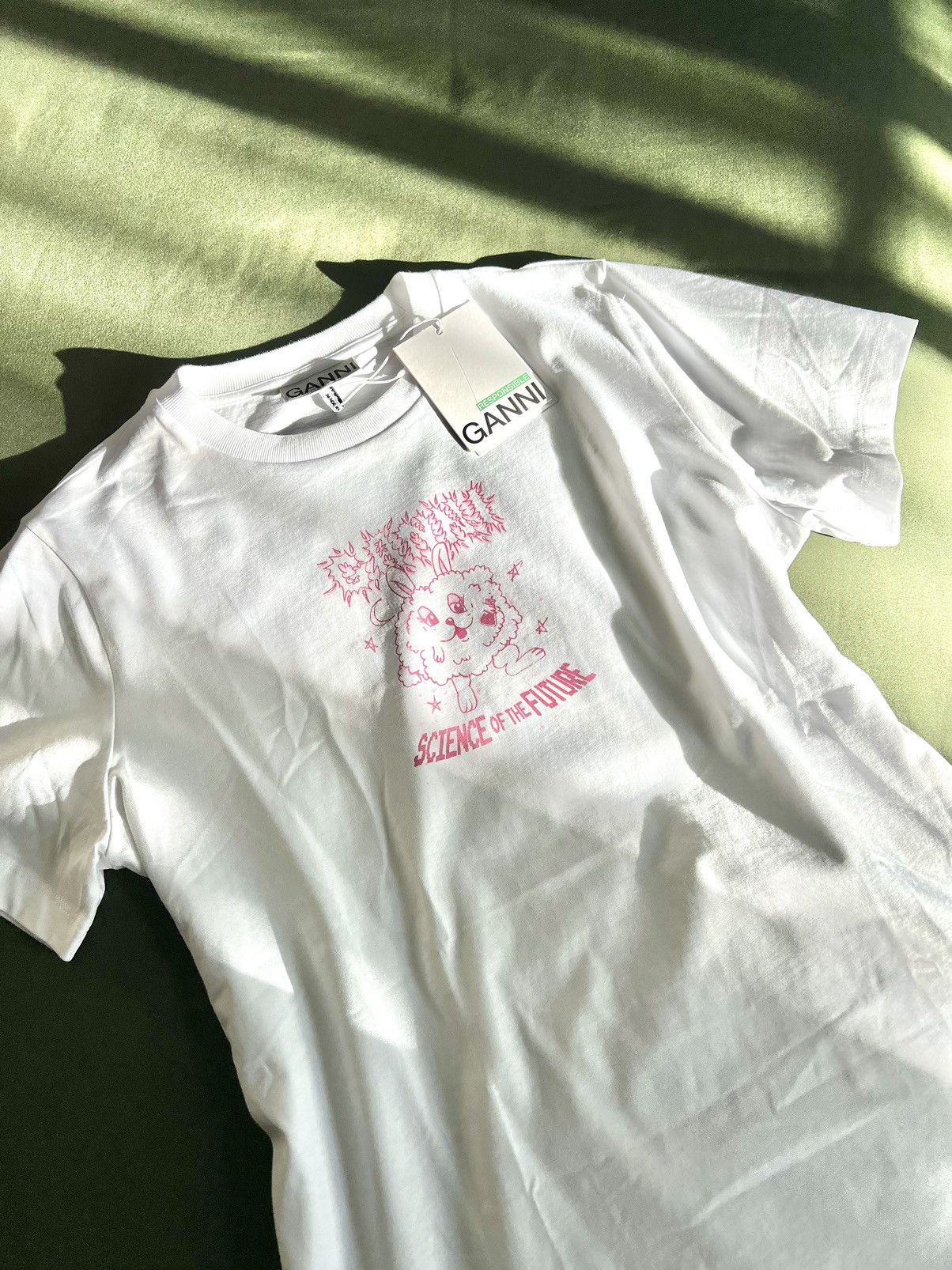 image of Ganni Basic Pink Bunny T-Shirt in White, Women's (Size Small)