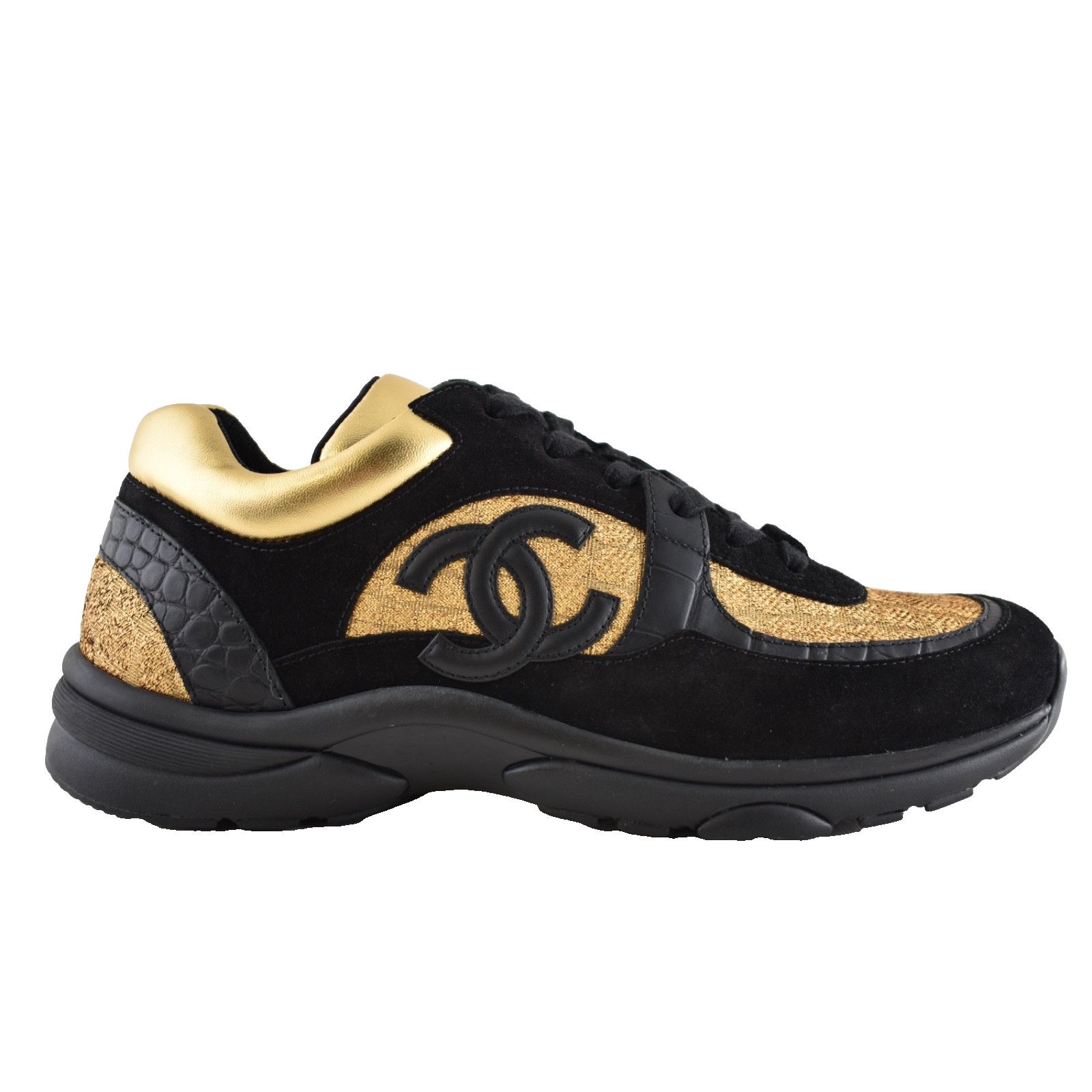 Chanel Chanel 19A Mens Black Gold Croc Suede CC Logo Low Top Size US 11 / EU 44 - 1 Thumbnail
