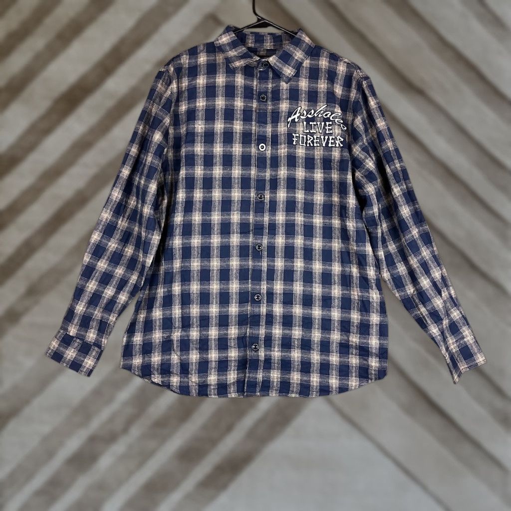 Vintage VINTAGE A51117holes Live Fovrever Mens Shirt Plaid Button-Down Cotton Blend L Navy Beige (Collared, Long Sleeve) Mens Size US L / EU 52-54 / 3 - 1 Thumbnail