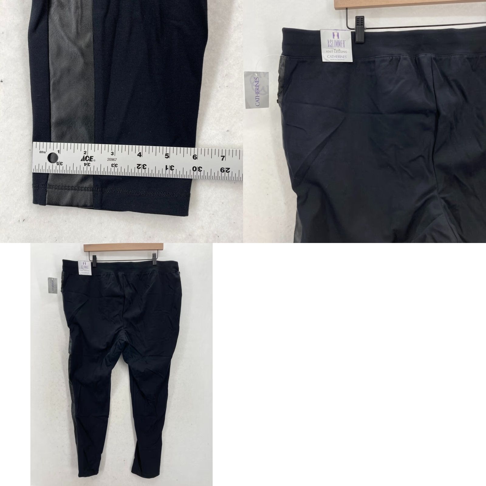 Vintage Catherines Secret Slimmer Knit Leggings Women's 2X Black Faux Leather Stripe NWT Leggings Size 40" / US 18 - 9 Thumbnail