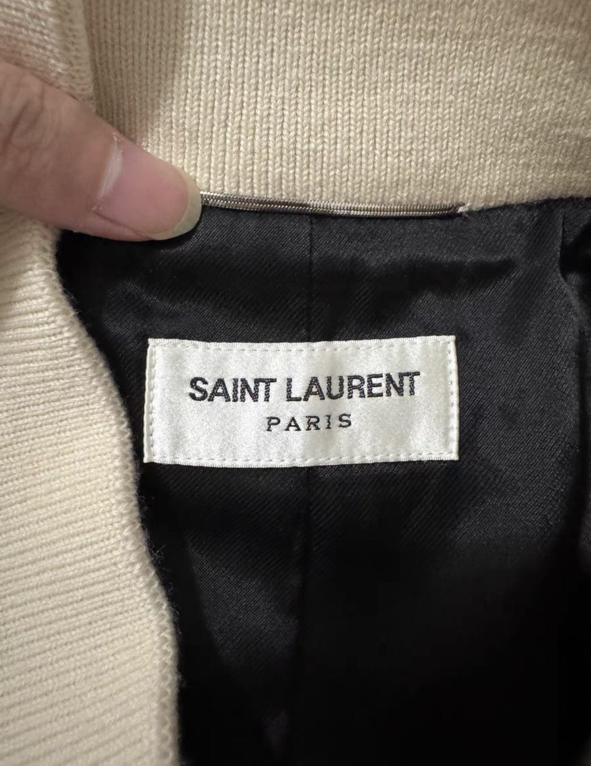 Saint Laurent Paris SLP) 21FW Wool Leather-Paneled Black/White Varsity Jacket Size US XL / EU 56 / 4 - 5 Thumbnail