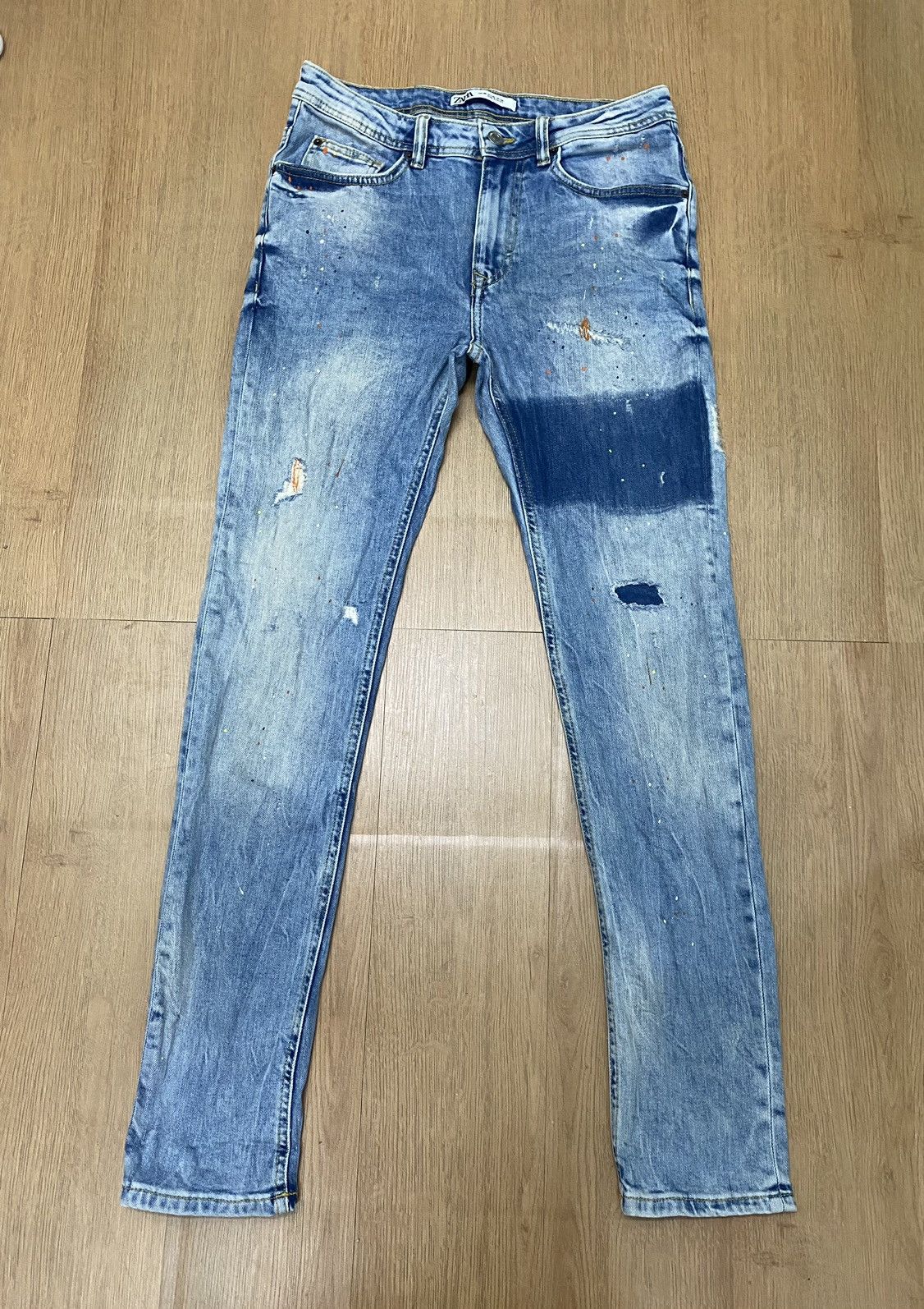 image of Distressed Denim x Zara W32Vintage Zara Denimwear Slim Fit Jeans in Blue, Men's