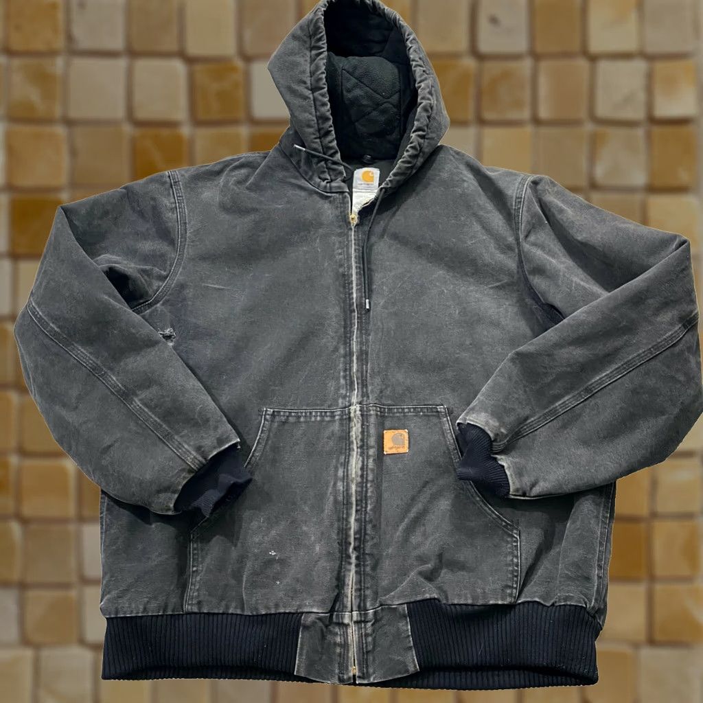 Vintage Carhartt J130 Blk Jacket Mens Xlt Hooded Canvas Quilted Faded Black Workwear, Men's