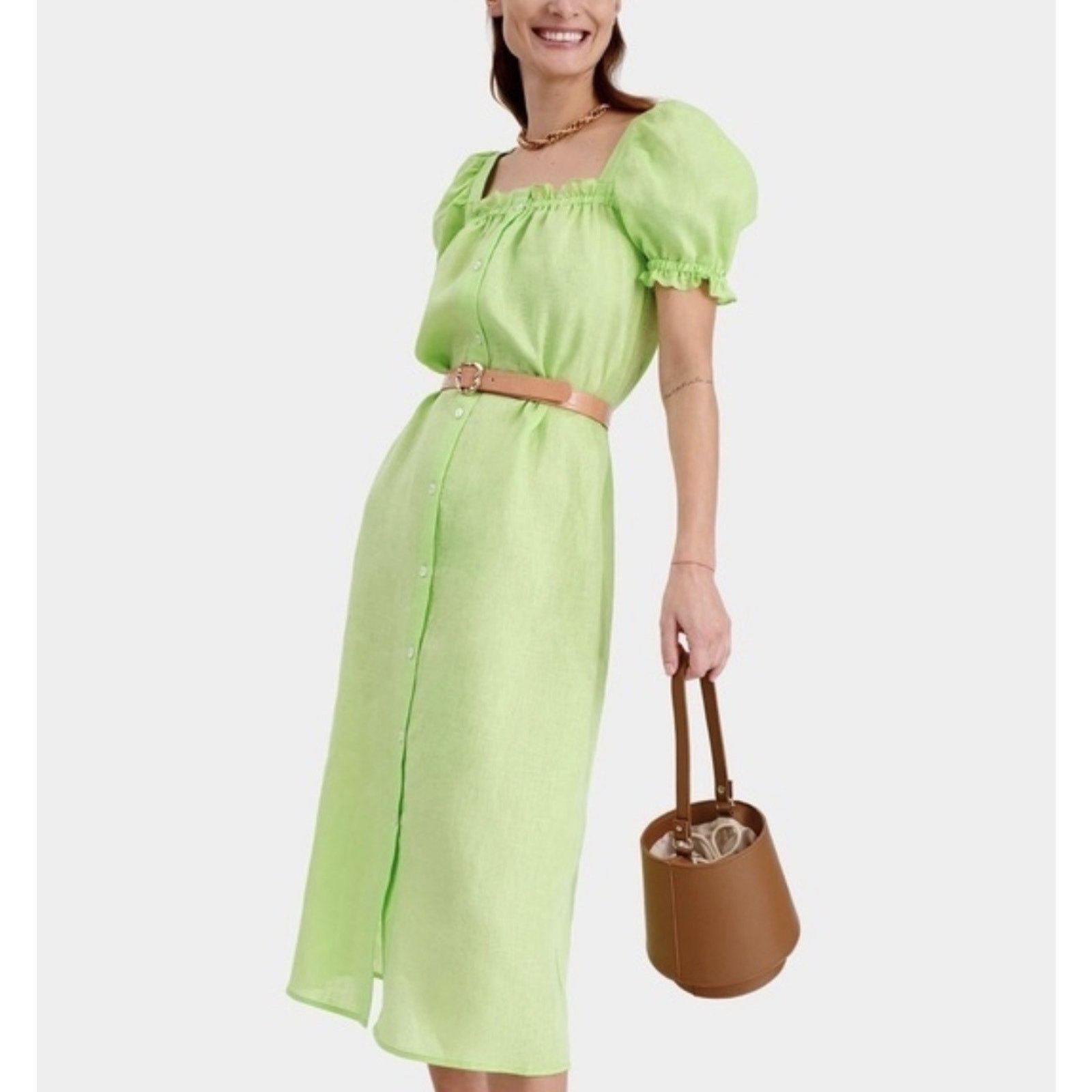 Sleeper Sleeper Dress Medium Green Linen Puff Sleeve Button Front Size M / US 6-8 / IT 42-44 - 1 Thumbnail