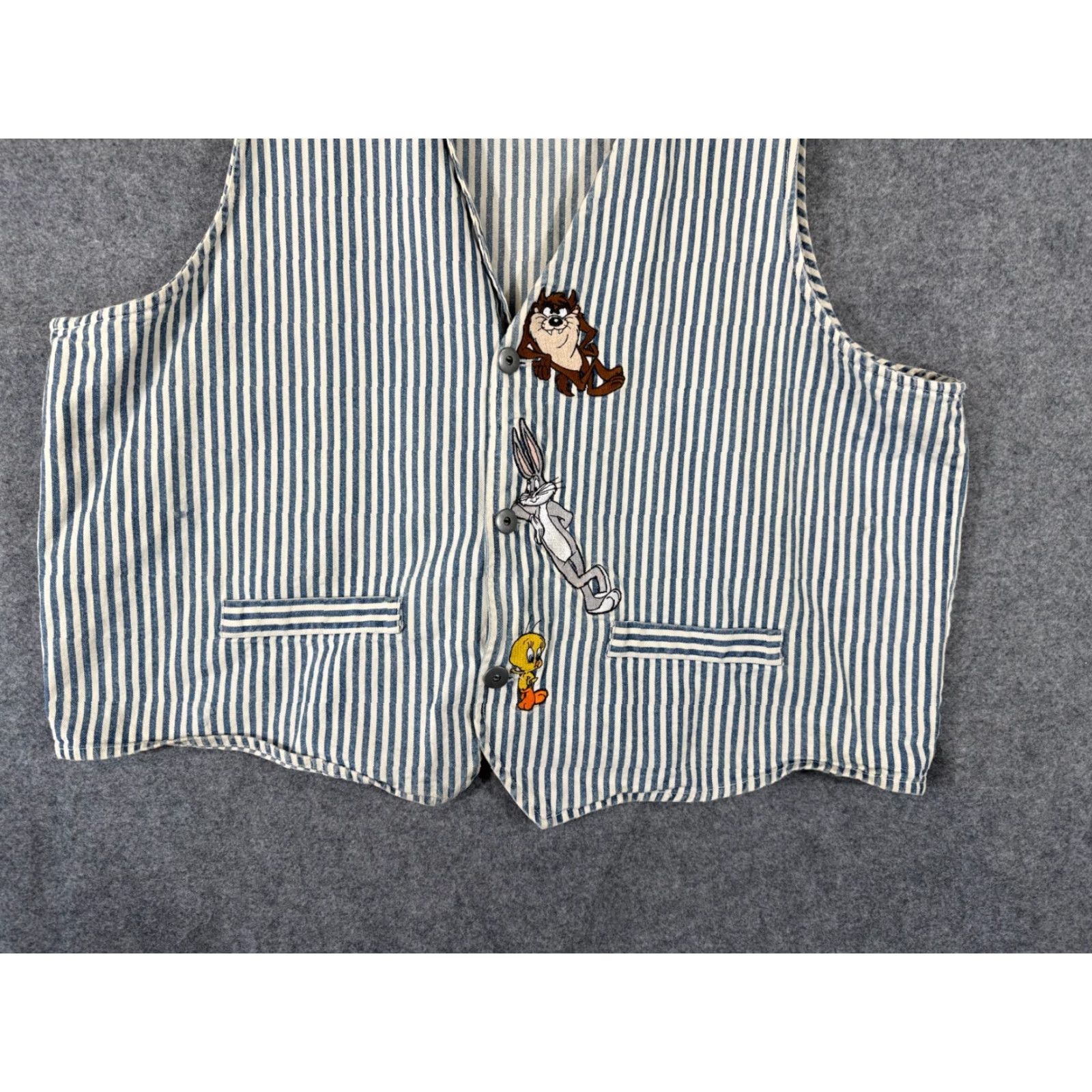 Vintage VINTAGE Warner Bros. Denim Vest Womens 2XL Blue White Striped Taz & Tweety 1996 Casual Vest Womens 2XL Blue White Striped Cartoon 90s Mens/ Womens Size XXL / US 16-18 / IT 52-54 - 4 Thumbnail