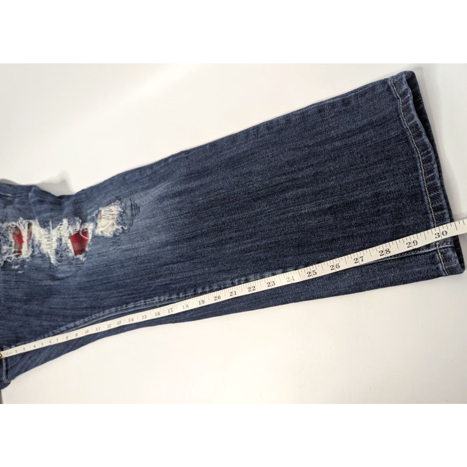 Torrid Torrid Jeans Boyfriend Distressed Patch Plaid Blue Size 18 Women's Denim Cotton Blend Spandex Mid Rise Plus Vintage No N/A Size 40" / US 18 - 7 Thumbnail