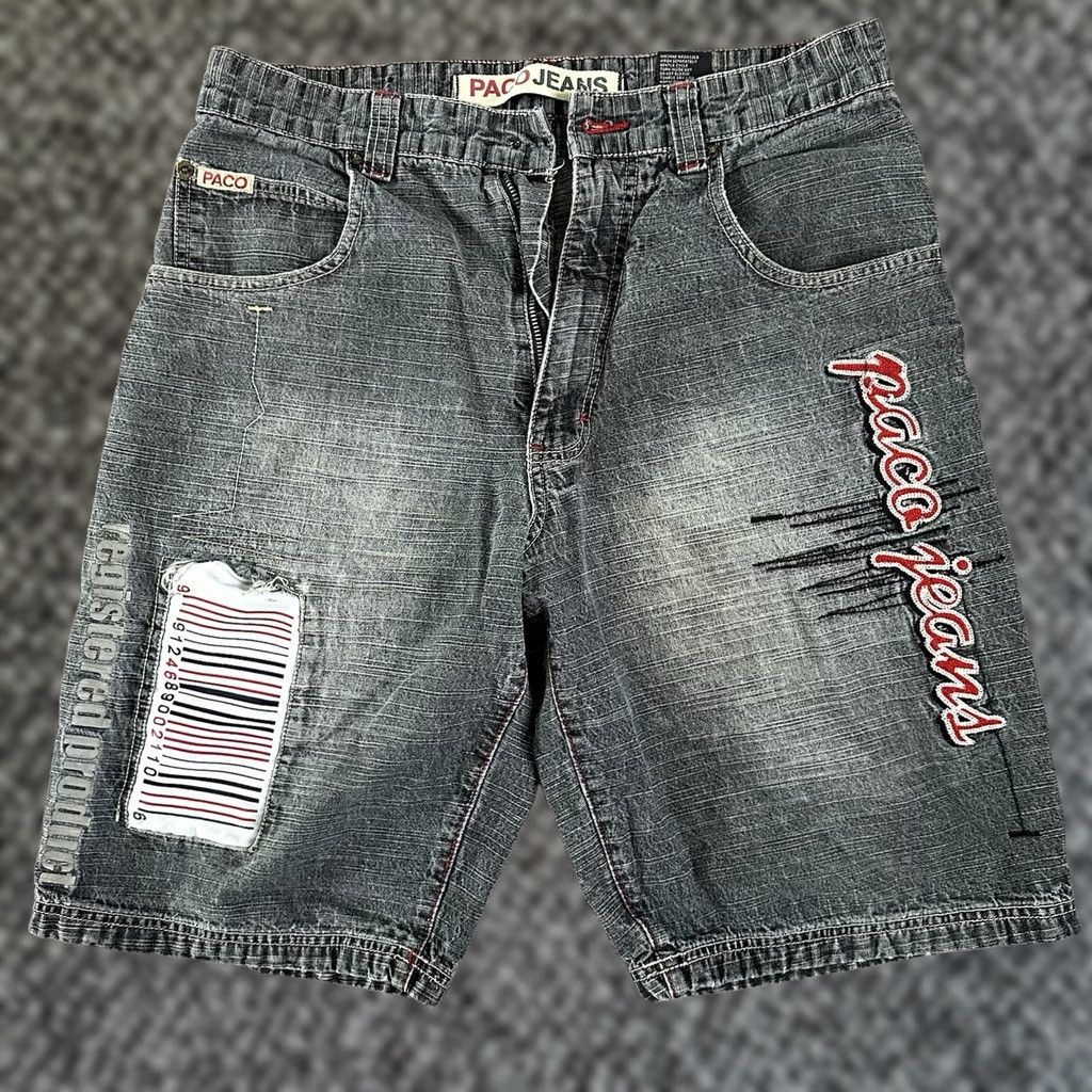 Vintage Paco Jean Black Faded Gray Baggy Skate Spell Out Shorts Sz 32 Mens, Men's