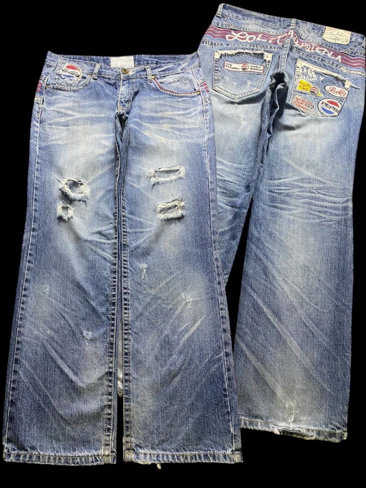 Other 80s Japanese Brand Lolita Pepsi Cola Embroidery Baggy Jeans Size US 35 - 1 Thumbnail