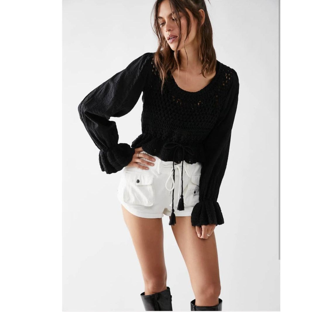 Free People New Megan Crochet Long Sleeve Crop Top $128 X-SMALL Black Size XS / US 0-2 / IT 36-38 - 1 Thumbnail