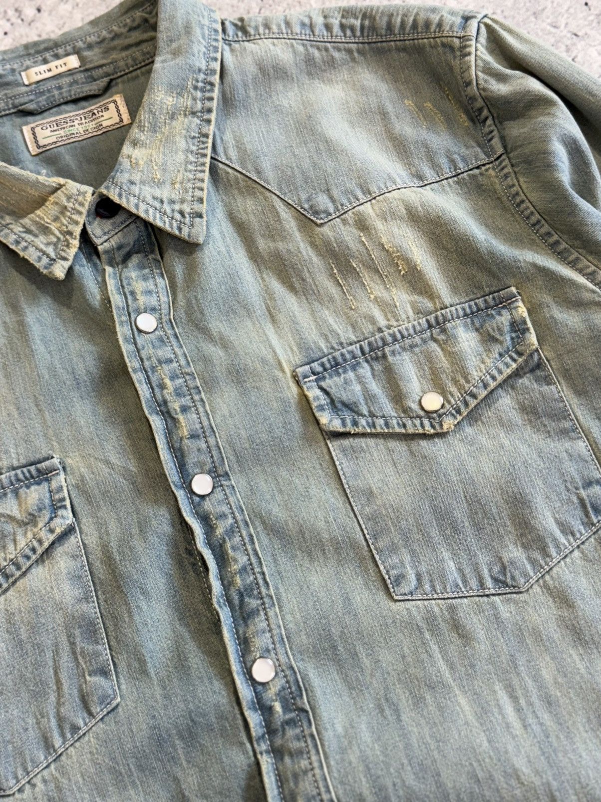 Guess × Vintage Guess denim shirt vintage 90s baby blue destroyed distressed Size US L / EU 52-54 / 3 - 5 Thumbnail