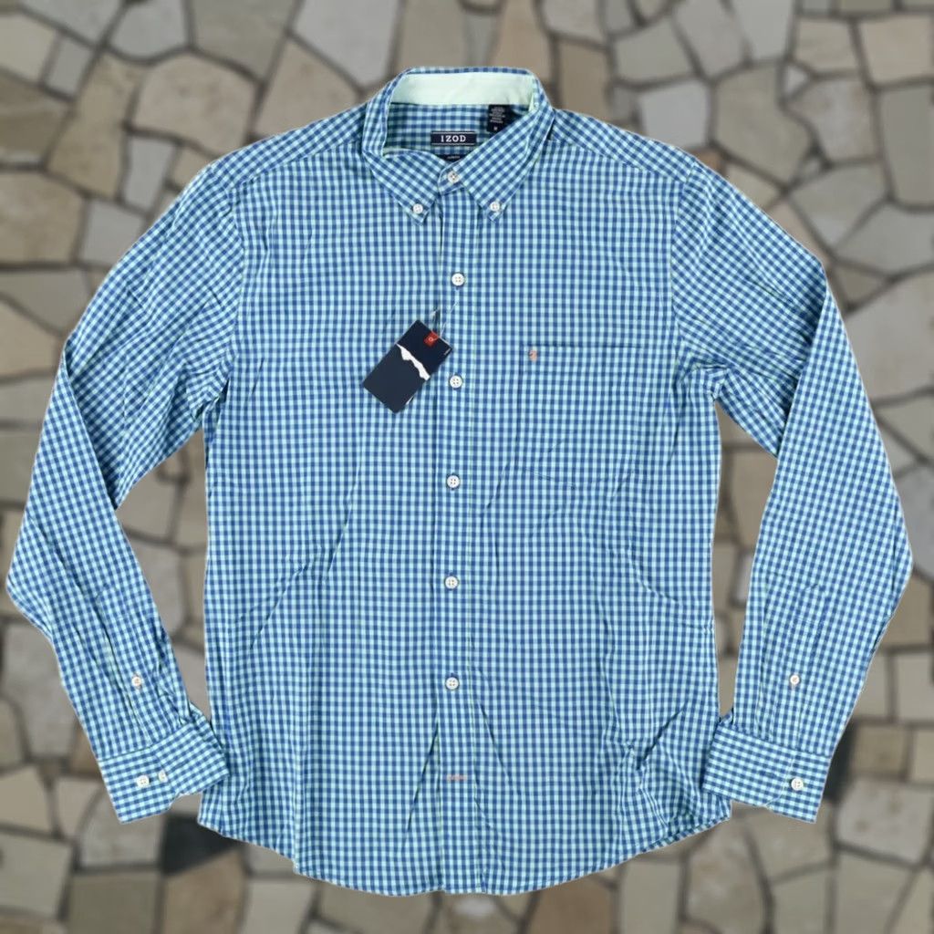 Izod Izod Slim Fit Premium Cotton Check Long Sleeve Button Down Shirt Green Ash Men's M Size US M / EU 48-50 / 2 - 1 Thumbnail