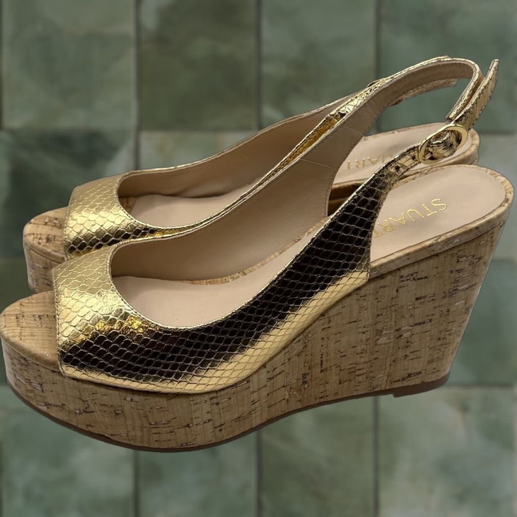 Stuart Weitzman STUART WEITZMAN Riveria Gold Python-Embossed Metallic Leather Cork Wedge 6 Size US 6 / IT 36 - 1 Thumbnail