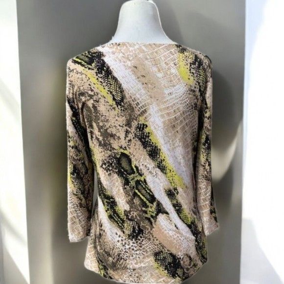 Designer Dana Buchman Womens Quarter Sleeve Beige Vneck Snake Print T Size M / US 6-8 / IT 42-44 - 3 Thumbnail