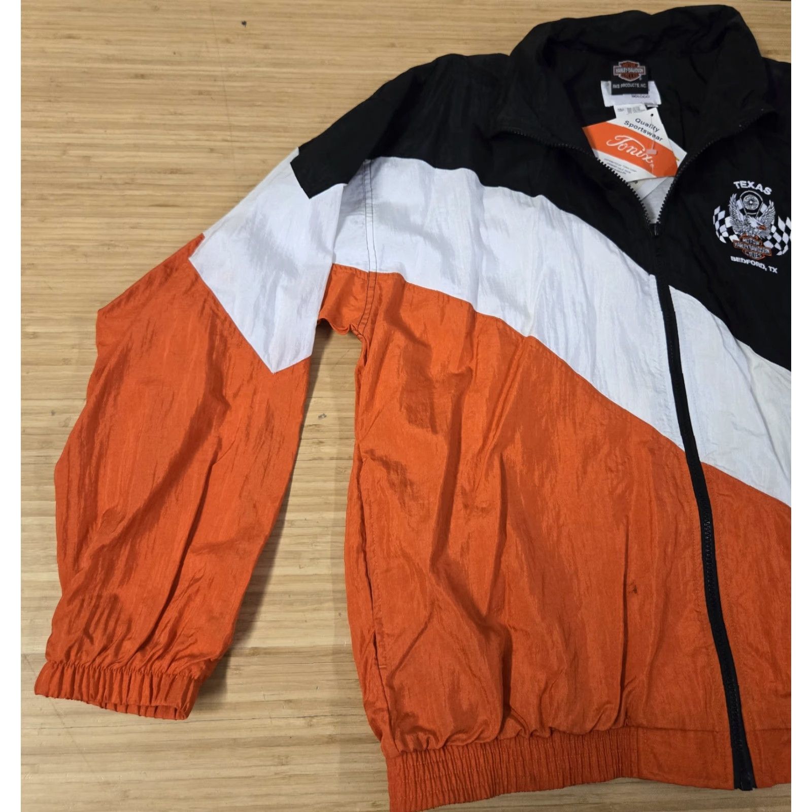 Harley Davidson VINTAGE Harley-Davidson Jacket Mens Large Nylon Texas Bedford 90s Windbreaker Black Orange White Zip Embroidered Logo Zipper Full Zip Lined Size US L / EU 52-54 / 3 - 3 Thumbnail