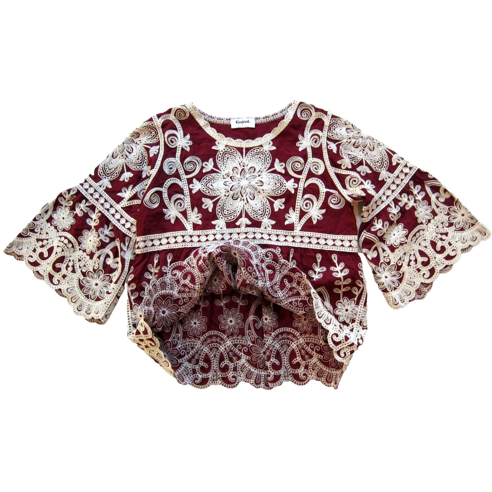 Vintage VINTAGE Kindred Anthropologie Red Ivory Rayon Floral Embroidered Flare Sleeve Blouse S Size S / US 4 / IT 40 - 5 Thumbnail