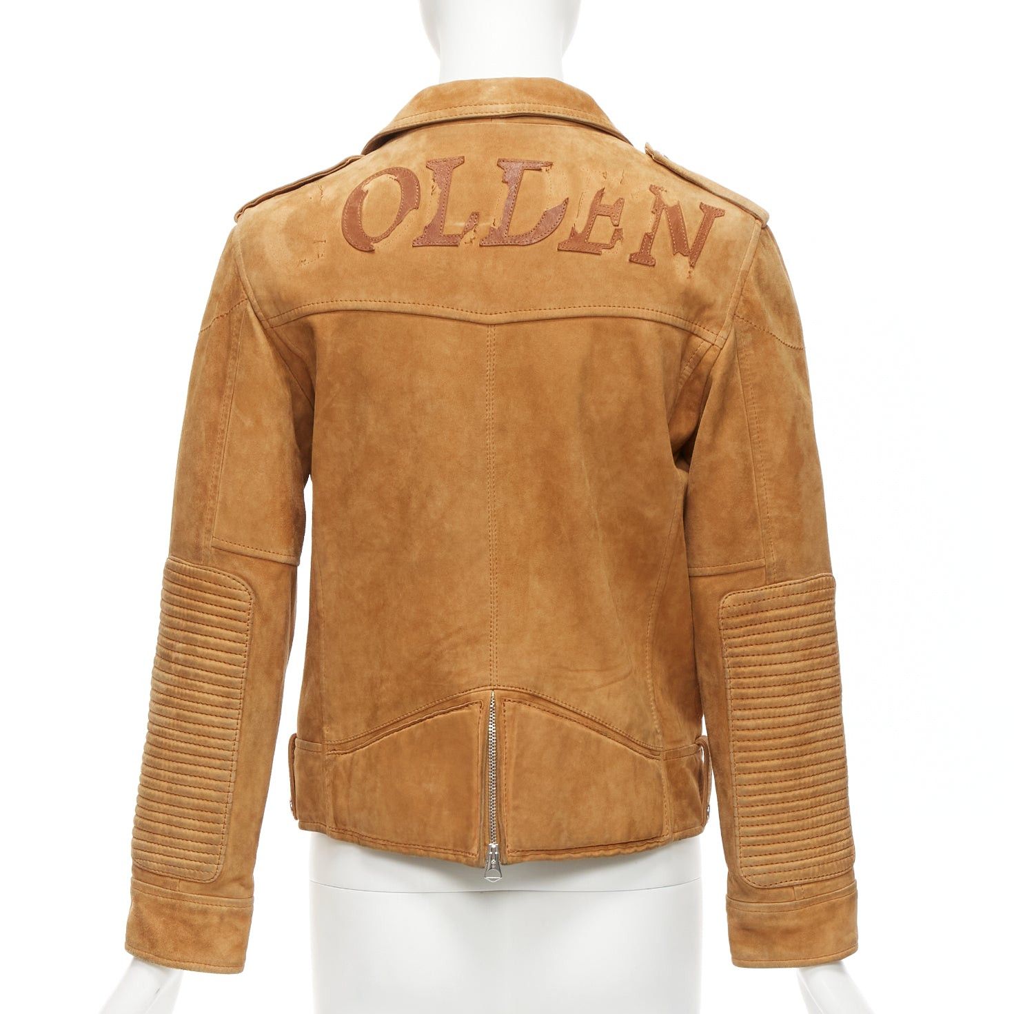 GOLDEN GOOSE tobacco brown distressed suede silver stud logo biker jacket