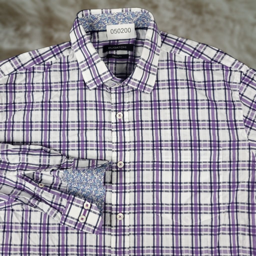 BUGATCHI Bugatchi Uomo Button-Up Shirt Mens Large Purple Plaid Classic Fit Long Sleeve Size US L / EU 52-54 / 3 - 1 Thumbnail