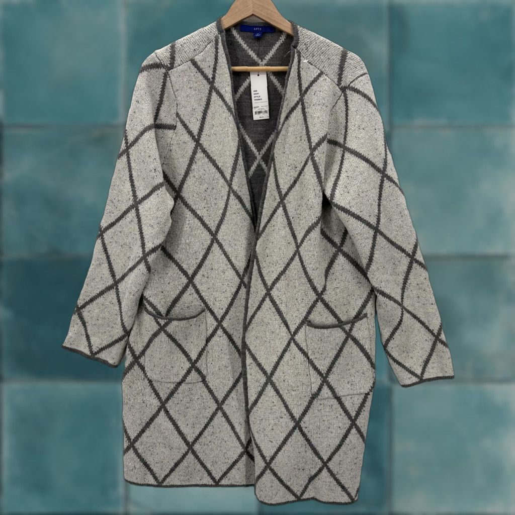 Apt. 9 APT.9 Cardigan Womens XL Gray Argyle Open Front Pockets Knit Relaxed NWT Sweater Size XL / US 12-14 / IT 48-50 - 1 Thumbnail