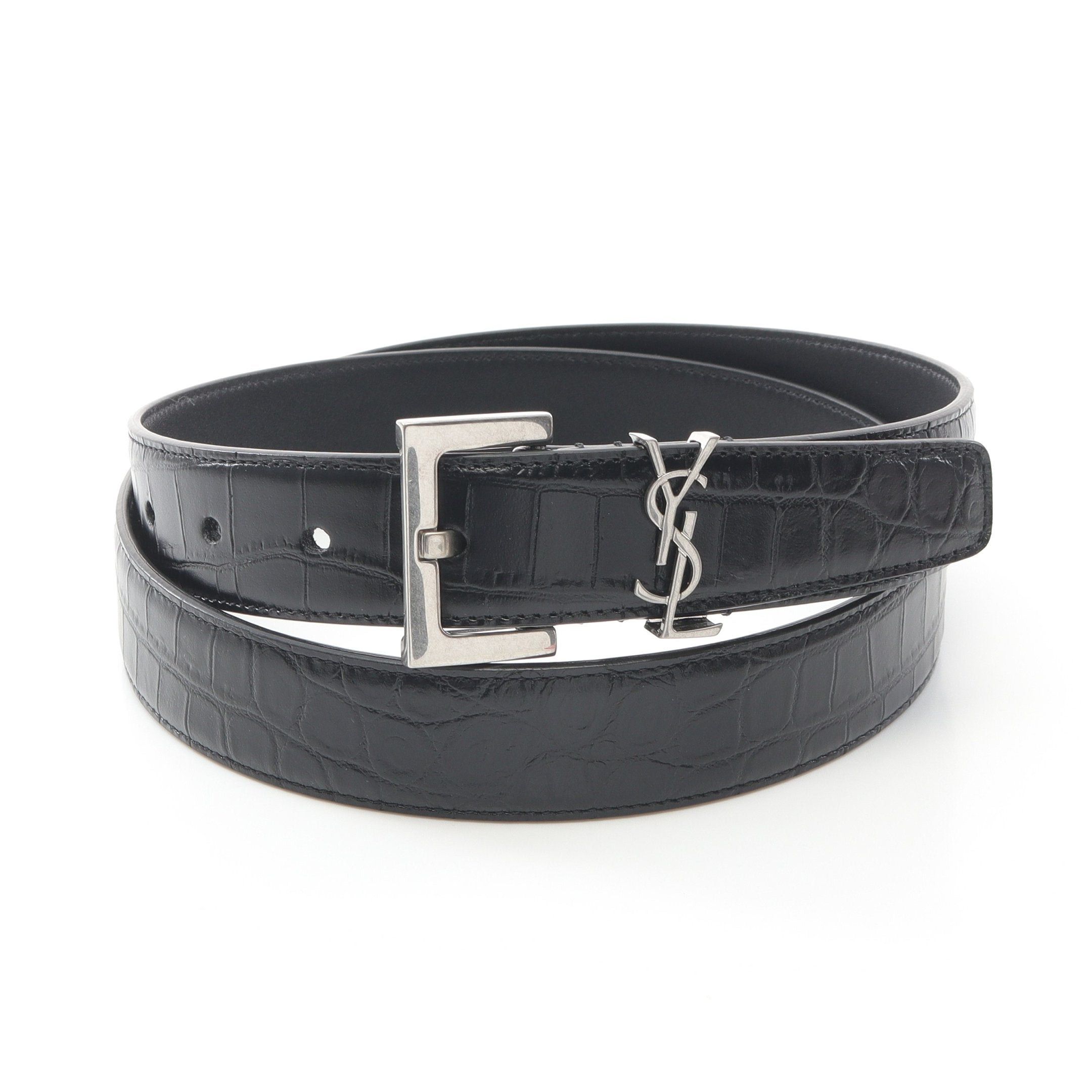 Yves Saint Laurent Yves Saint Laurent Cassandra Belt Leather Black Croc Embossed Silver Hardware Size ONE SIZE - 1 Thumbnail