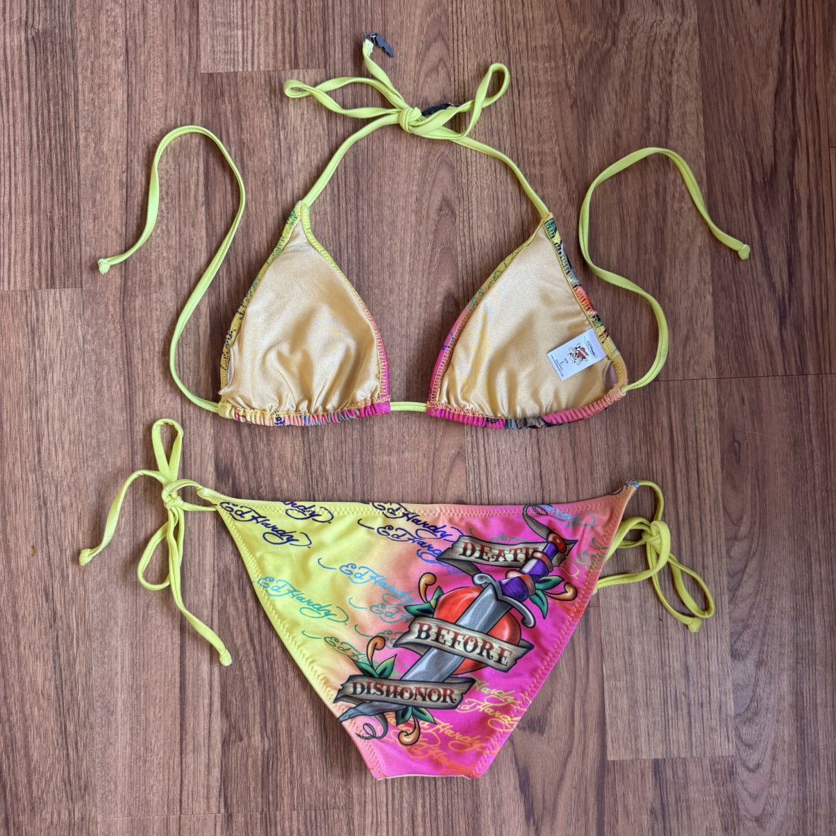 ED HARDY Vintage Y2K Rare Pink Yellow Dishonor Bikini Set