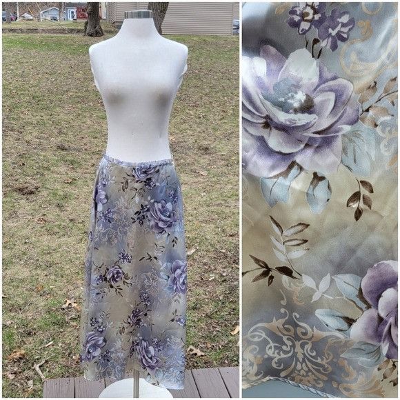 Vintage Vintage 90s y2k Kathy Lee Blue Tan Satin Purple Floral Midi Size 34" / US 12 / IT 48 - 1 Thumbnail