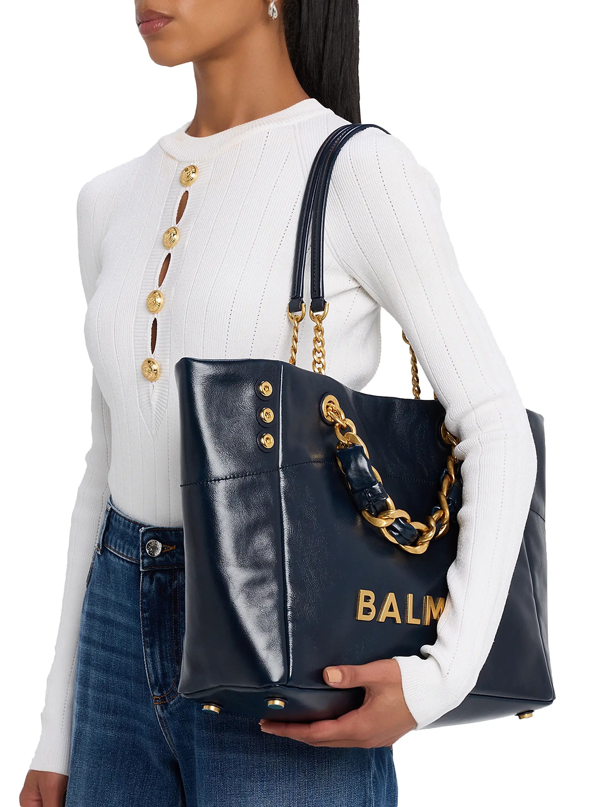 Balmain os11x0326 Size: OS / 1945 Soft Leather Tote Bag in Navy Size ONE SIZE - 2 Thumbnail
