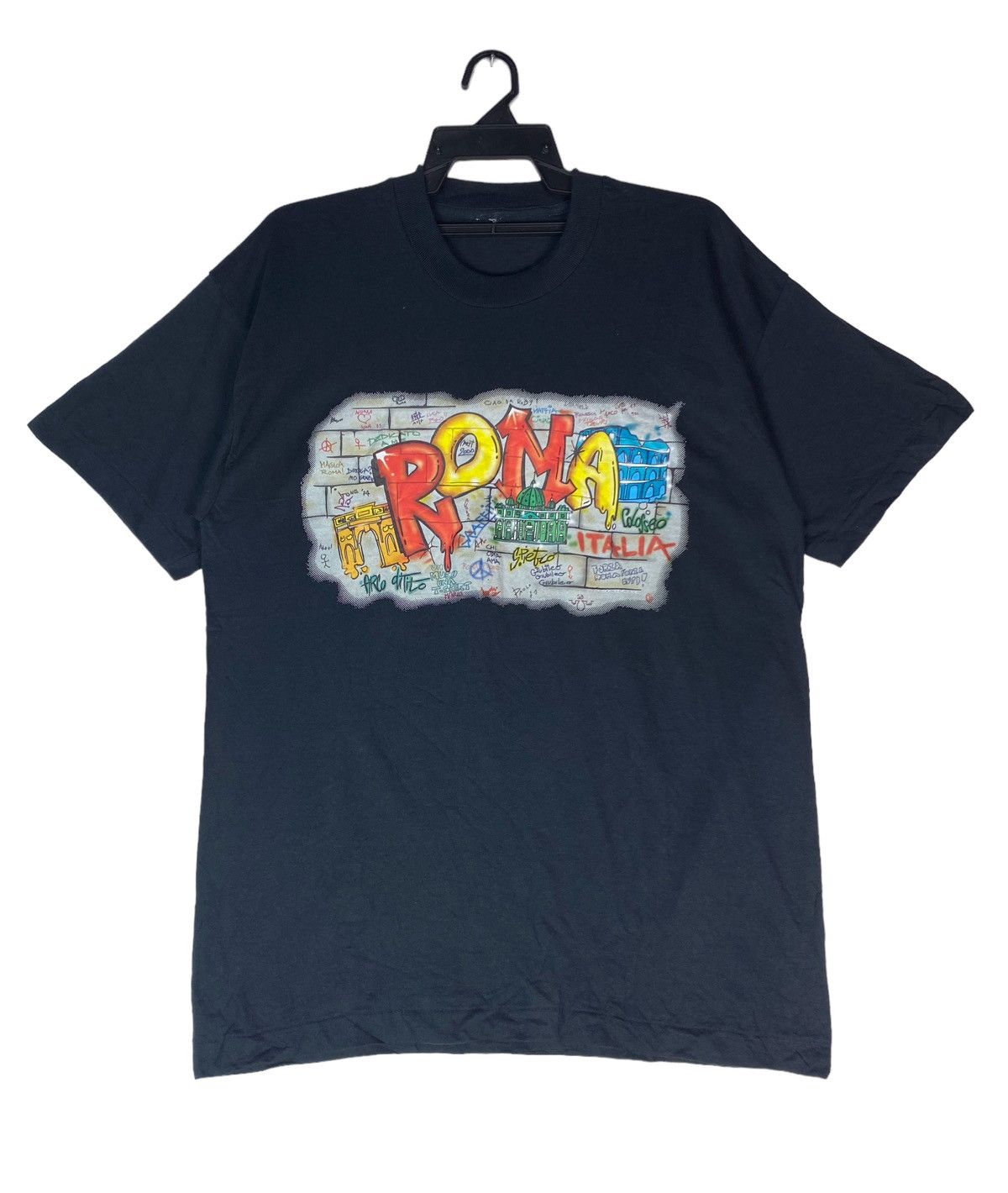 image of Vintage VTG 90's Roma Graffiti Artwork Printed Logo Shirt in Black, Men's (Size Medium)