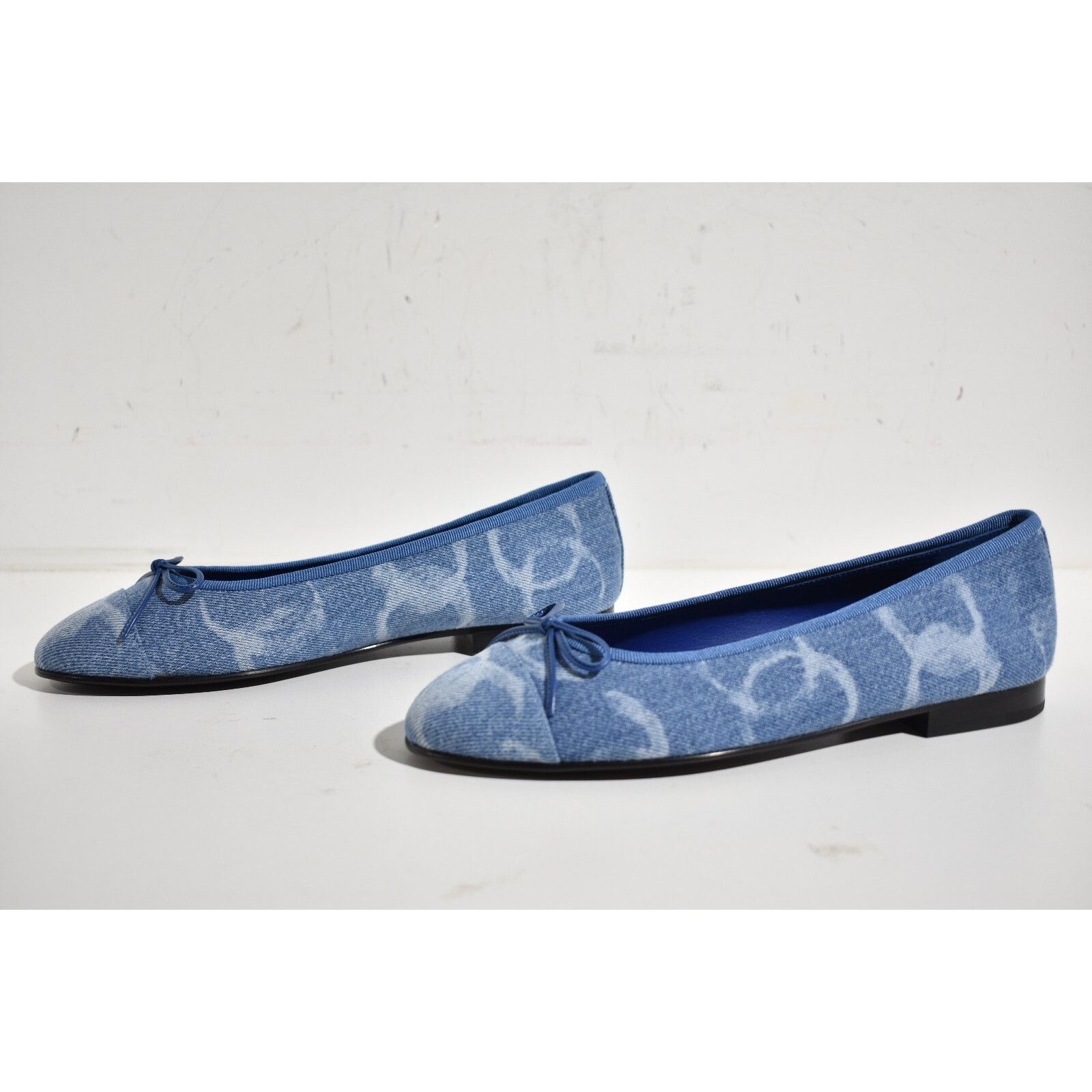 23B Printed Denim CC Logo Bow Tie Ballet Ballerina Flat 39.5