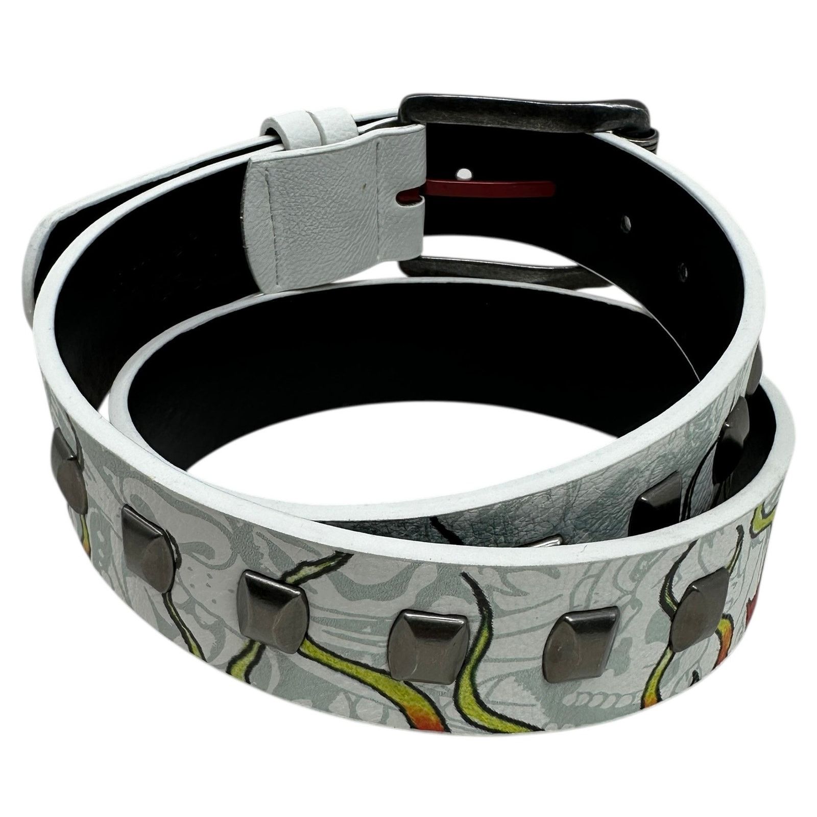 Ed Hardy Ed Hardy Men's Devil In Flames White Belt With Metal Studs Size 38 - 3 Thumbnail