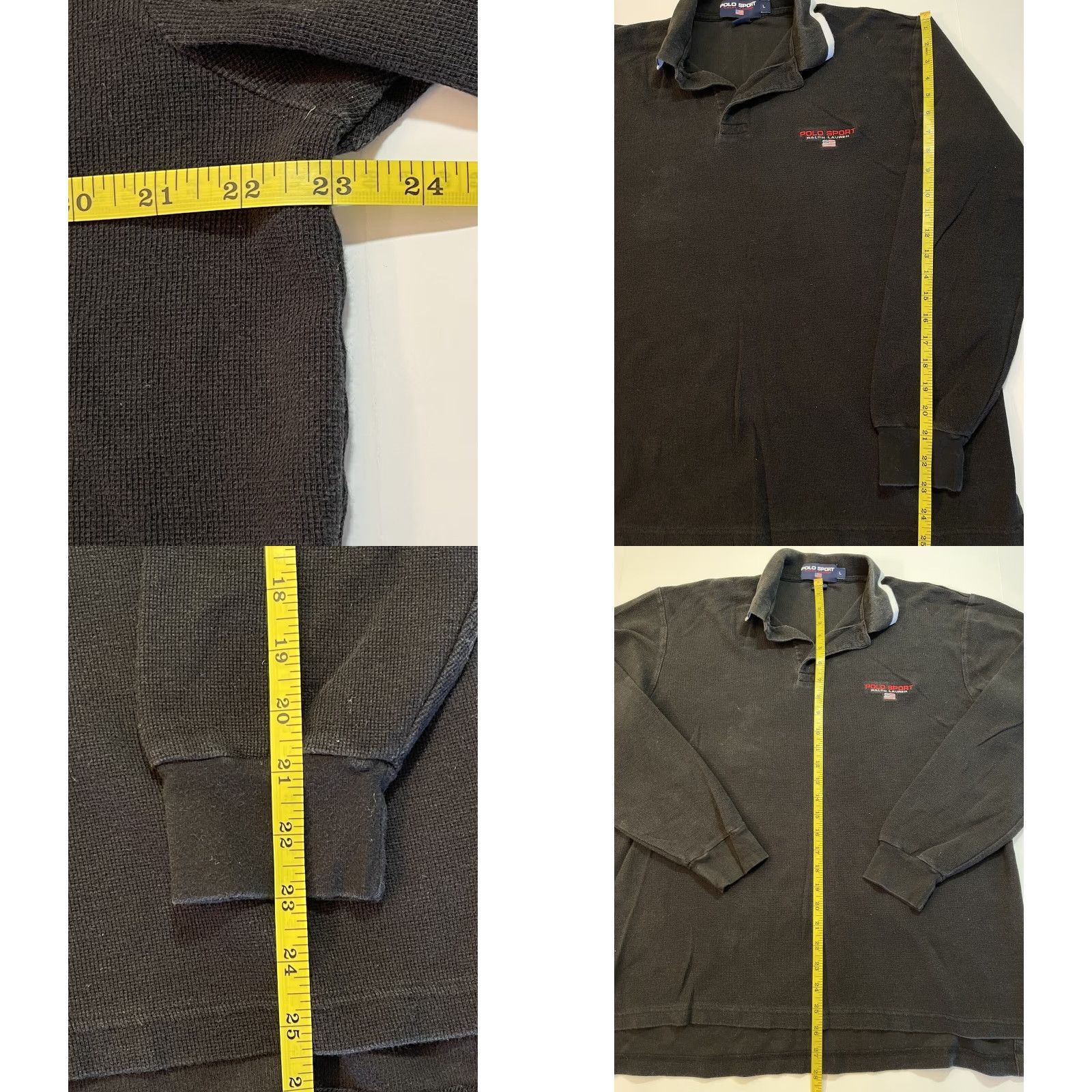 Polo Ralph Lauren VINTAGE Ralph Lauren Sport Polo Shirt Mens L Black Cotton Chambray Thermal Rugby with Spell Out Logo Flag 90s Mens Size US L / EU 52-54 / 3 - 8 Thumbnail
