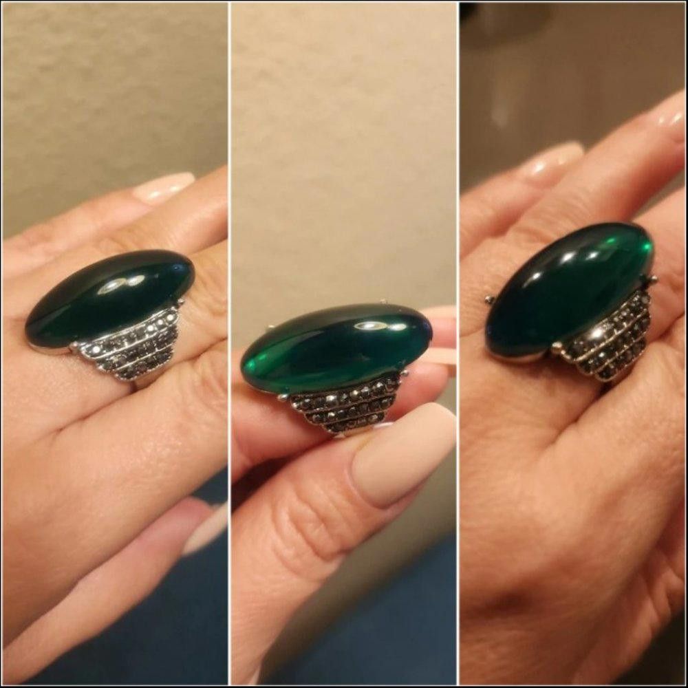 Designer Vintage 32mm Green Amber Antique Silver Ring - Size 8 Size ONE SIZE - 7 Thumbnail