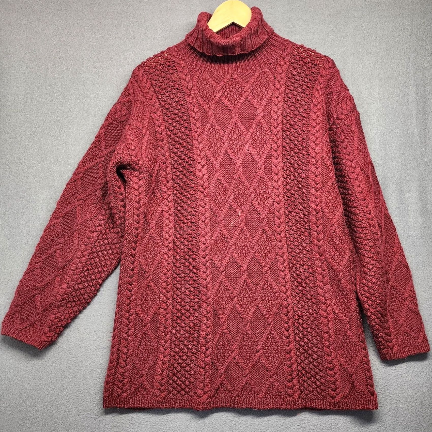 J.Crew J. Crew Cable Knit Turtleneck Sweater Womens Large 100% Wool Burgundy Fisherman Pullover Swing Knit Long Sleeve Wool Mens Womens Girls Boys Size L / US 10 / IT 46 - 2 Thumbnail