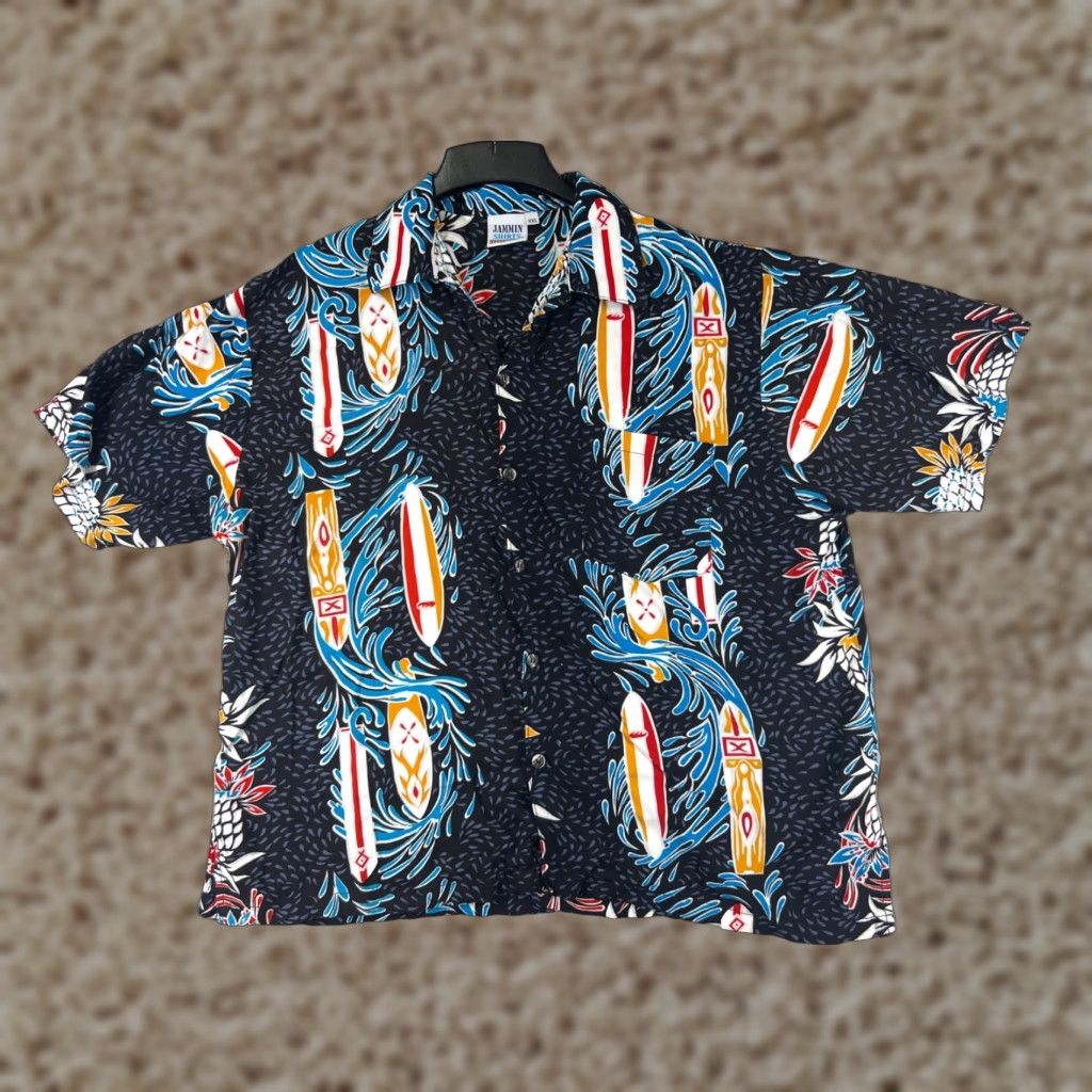 Vintage Jammin Shirts Button-Up Shirt Men 2XL Blue Surfboard Pineapple Hawaiian Rayon Floral Vacation Relaxed Short Sleeve Collared Button Navy/Blue Womens? Size US XXL / EU 58 / 5 - 1 Thumbnail
