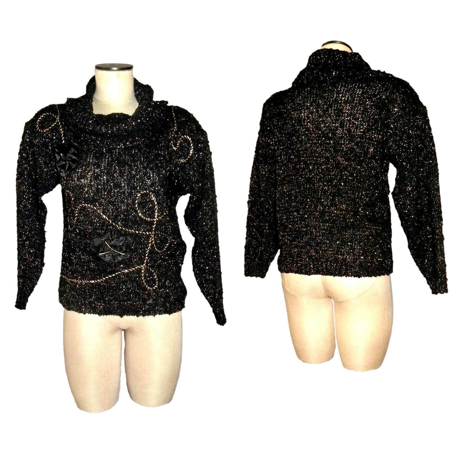 Vintage 80s Black & Gold Lurex Metallic COWL Neck Sweater Size XS / US 0-2 / IT 36-38 - 3 Thumbnail