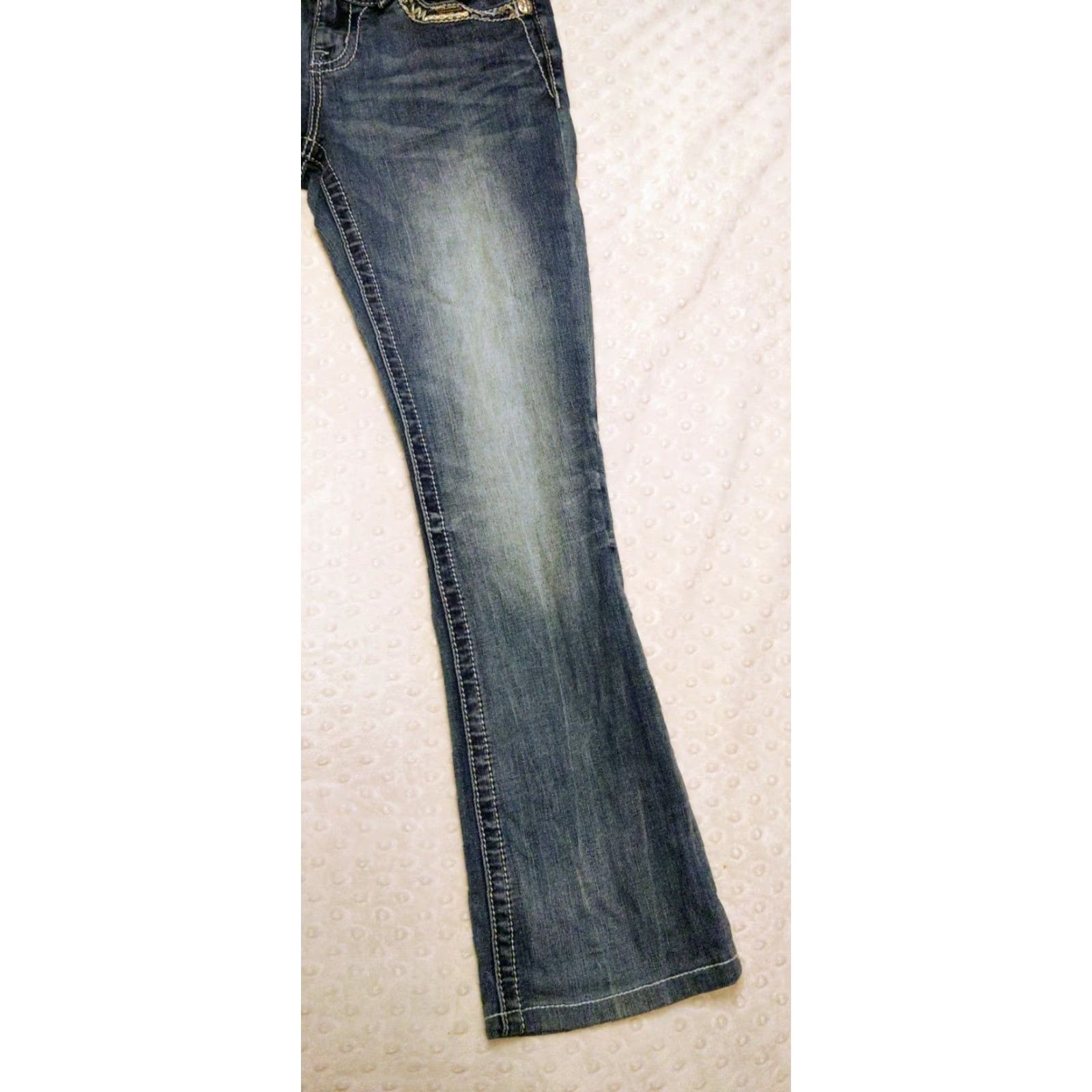 Miss Me Miss Me Jeans Womens 27 Blue Dark Wash Mid-Rise Boot Rhinestone Embroidered Logo 5-Pocket Denim Stretch Bootcut Size 27" / US 4 / IT 40 - 2 Thumbnail