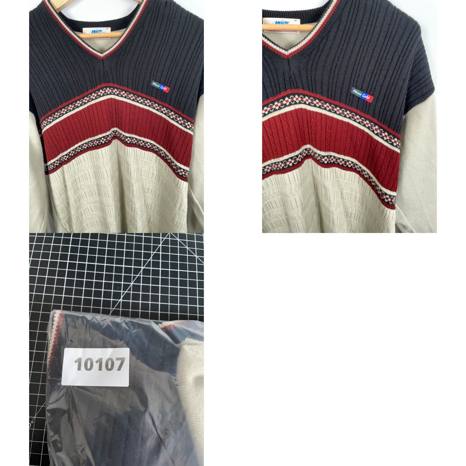 Vintage VINTAGE Micro Gold Sweater Men's 80s V-Neck Striped Knit Beig​e Red Stripe Pullover Size US L / EU 52-54 / 3 - 9 Thumbnail
