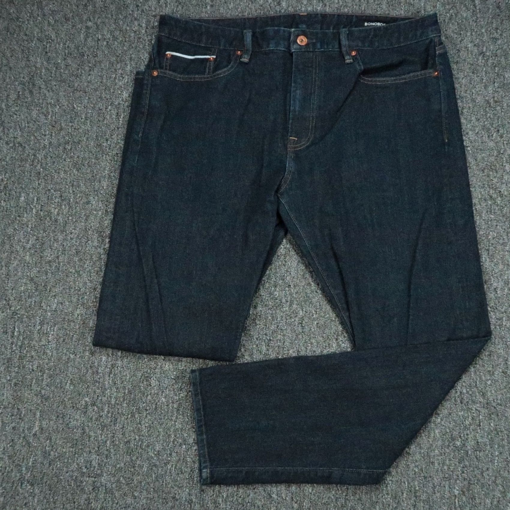 Bonobos Bonobos Jeans Mens 35x30 Blue Dark Wash Stretch Denim 5-Pocket Straight Classic 5-Pocket Design Mens Jeans Size US 35 - 2 Thumbnail