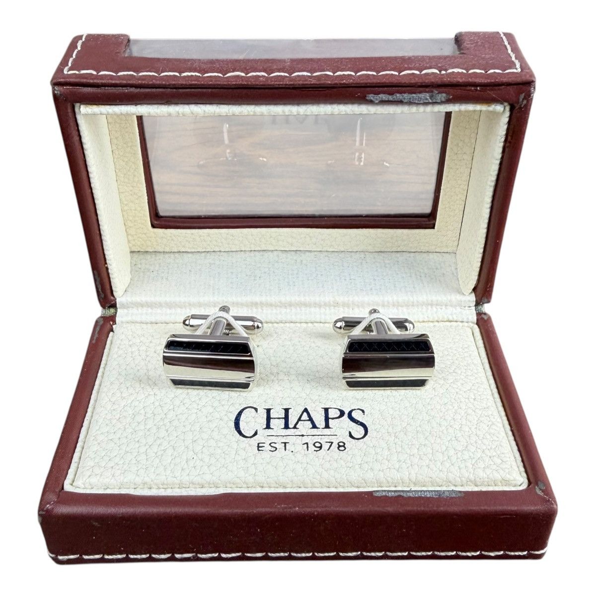 Chaps Chaps Silver-Tone Cufflinks w/ Black Inlaid Stripes Designer Size ONE SIZE - 1 Thumbnail
