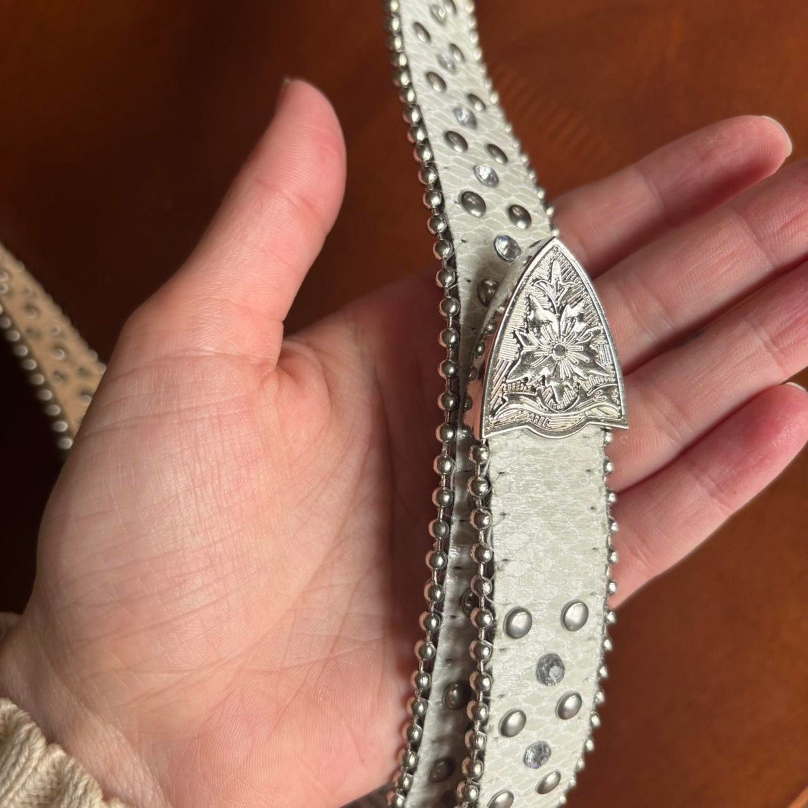 Other Vintage White Snakeskin Rhinestone Western Belt Small Medium Size ONE SIZE - 4 Thumbnail