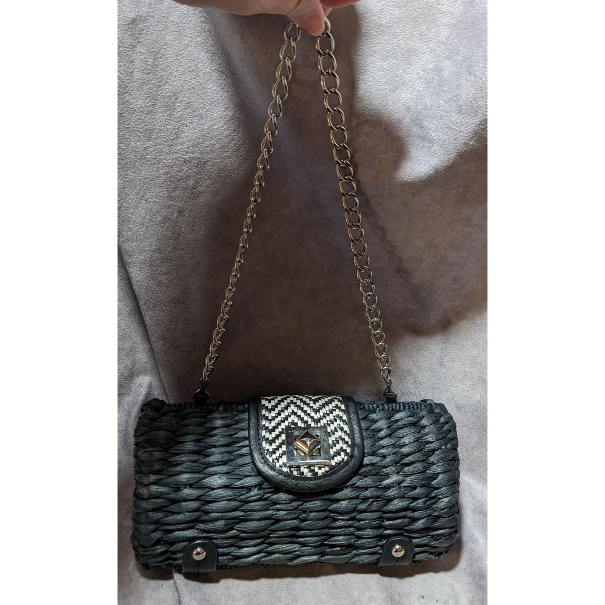 Other Retro Woven Navy Blue Purse With Silver Tone Chain Strap Size ONE SIZE - 6 Thumbnail