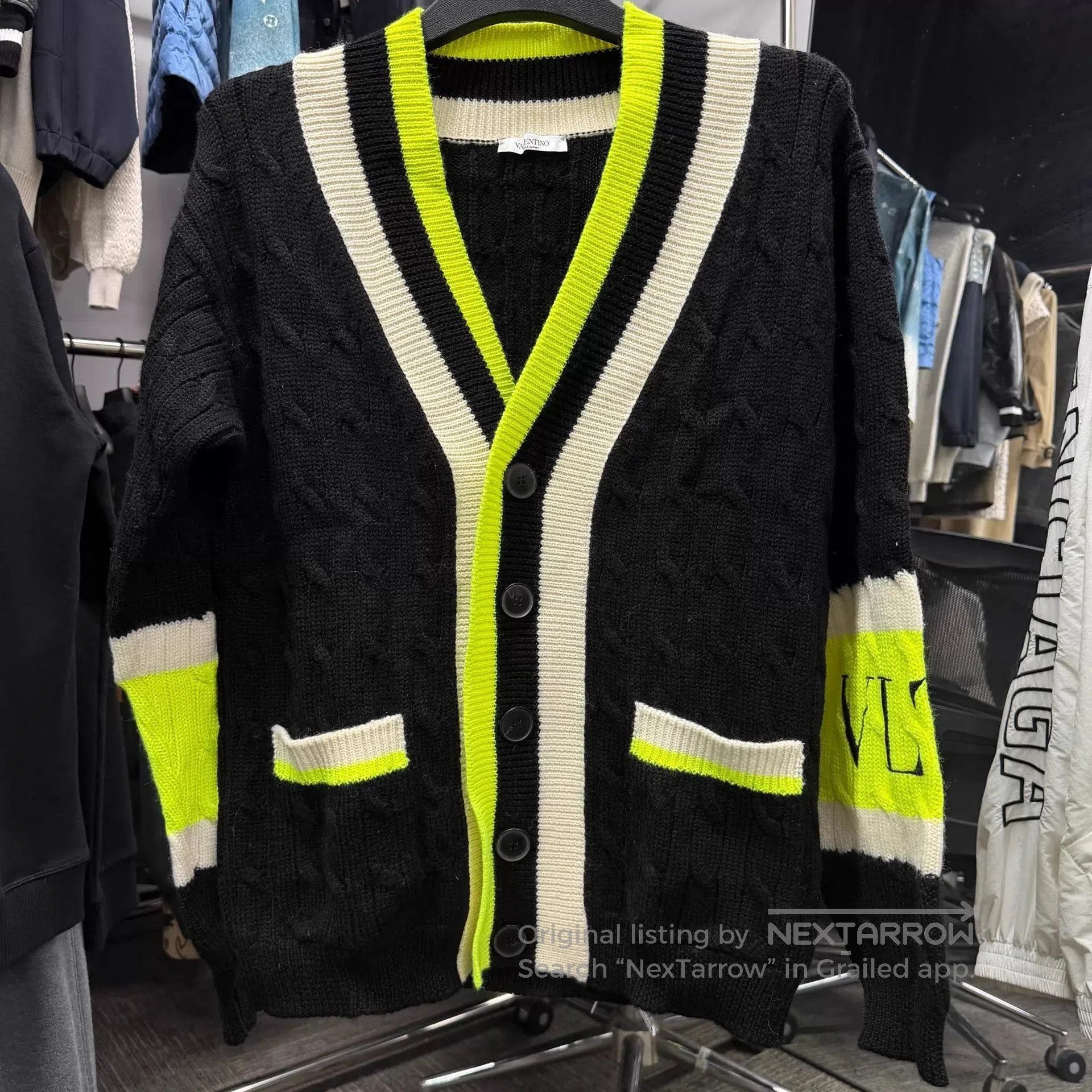 Valentino Black Cable Knit Cardigan with Neon Yellow Trim - M. Size US M / EU 48-50 / 2 - 1 Thumbnail