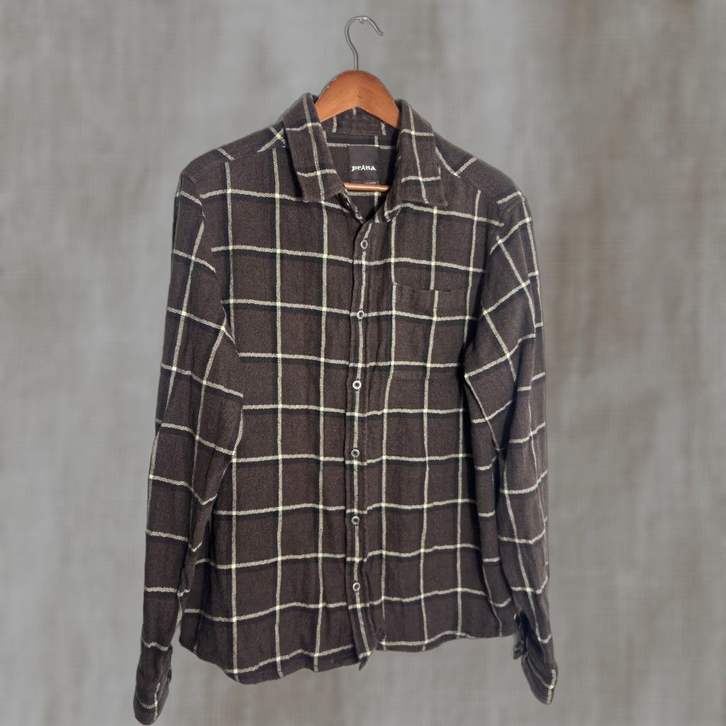 PrAna Shirt Mens Medium Yellow Brown Plaid Heavy Flannel Long Sleeve Cotton Shirt