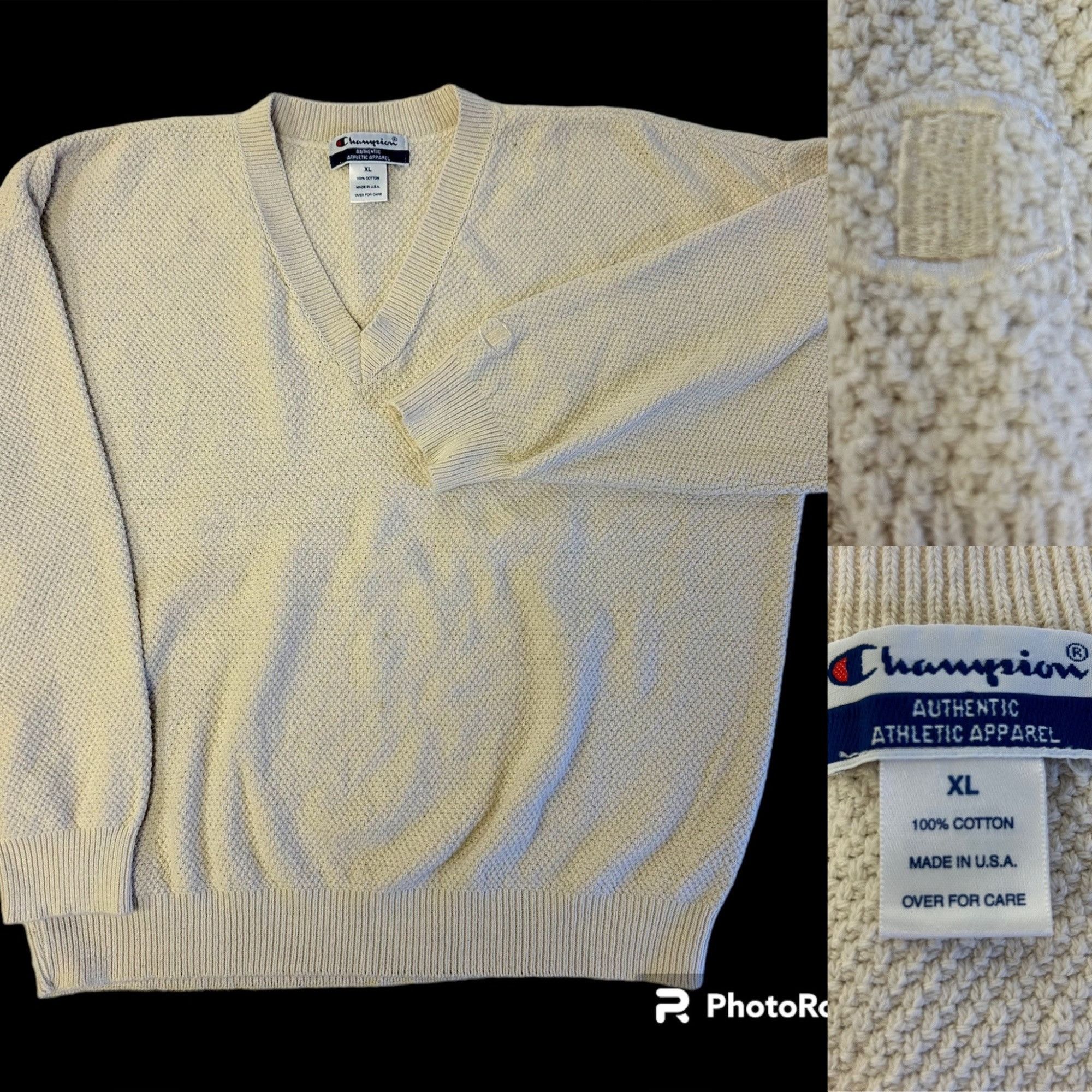 image of 80's Champion Usa Natural Waffel Knit V Neck Logo Jumper XL in Beige, Men's