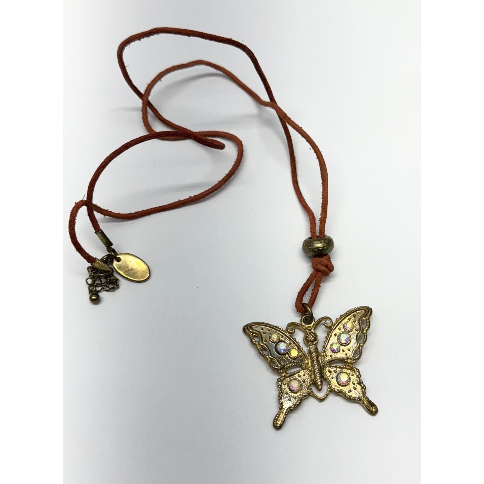 Vintage Suede rhinestone butterfly pendant necklace Size ONE SIZE - 2 Thumbnail