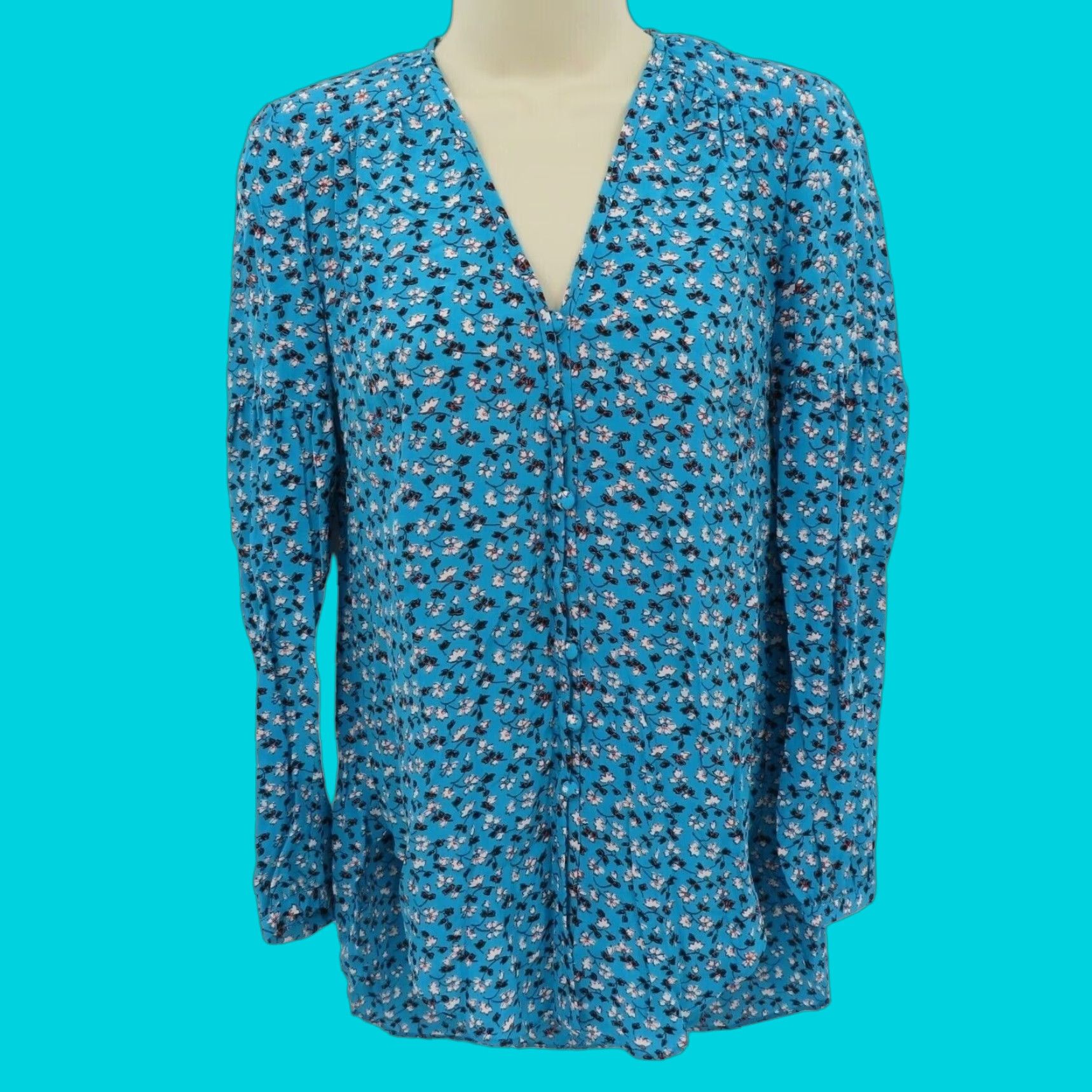 Veronica Beard VERONICA BEARD Blouse Shirt Floral V-Neck Button Front Blue White Women 0 Size XS / US 0-2 / IT 36-38 - 1 Thumbnail